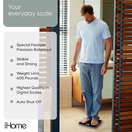 iHome Digital Step On Bathroom Scale - High Precision Body Weight Scale - Battery Powered with LCD Display - Great for Home Gym - 396 lb (Black)