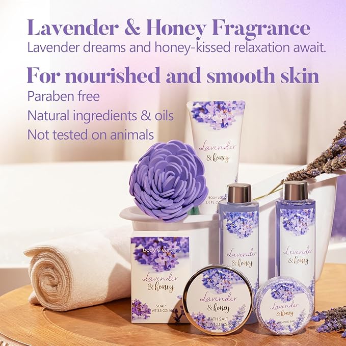 Bath and Body Gift Set - Lavender Gifts for Women, Body & Earth Bath & Shower Sets, 8 Pcs Lavender Honey Gift Sets with Bubble Bath, Lotion Set, Soap, Spa Kit for Women, Christmas Gifts for Mom