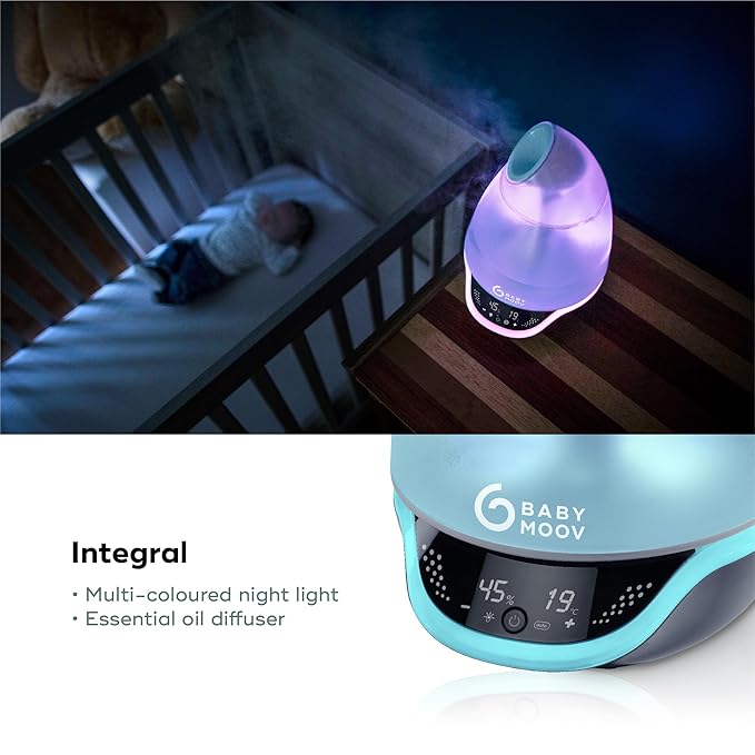 Babymoov Hygro Plus Cool Mist Humidifier 3-in-1 Humidity Control, Multicolored Night Light & Essential Oil Diffuser Easy Use and Care-Blue(NO Filter Needed)