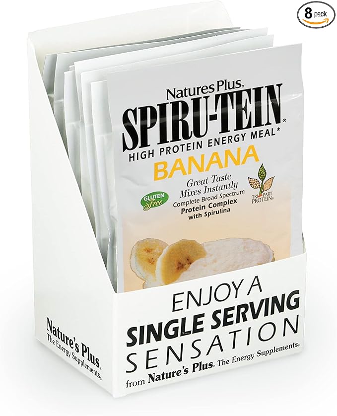NaturesPlus SPIRU-TEIN, Banana - 8 Total Packets - Plant-Based Protein Shake - Non-GMO, Vegetarian, Gluten Free - 8 Total Servings