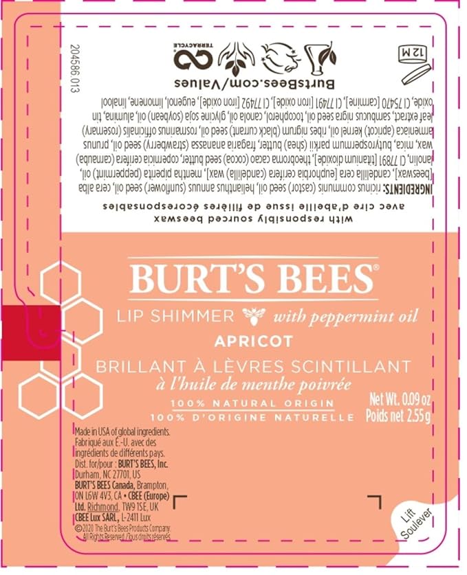 Burt's Bees Lip Balm, Moisturizing Lip Shimmer for Women, for All Day Hydration, with Vitamin E & Coconut Oil, 100% Natural, Apricot, 0.09 Ounce (Pack of 2)