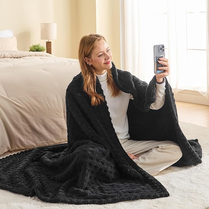 NEWCOSPLAY Super Soft King Blanket Black Premium Silky Flannel Fleece 3D Waffle Checkered Lightweight Bed Blanket All Season Use (Black, King(90"x110"))