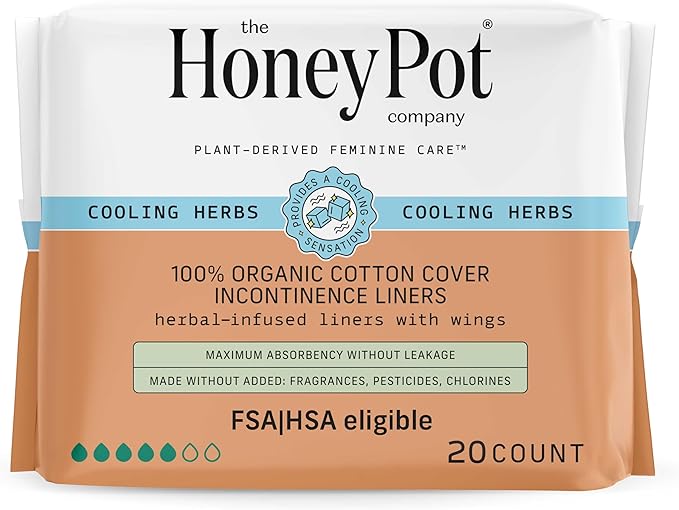 The Honey Pot Company - Herbal Panty Liners for Women - Organic Incontinence w/Wings - Infused w/Essential Oils for Cooling Effect - Postpartum Essentials - Feminine Care - FSA - 20ct