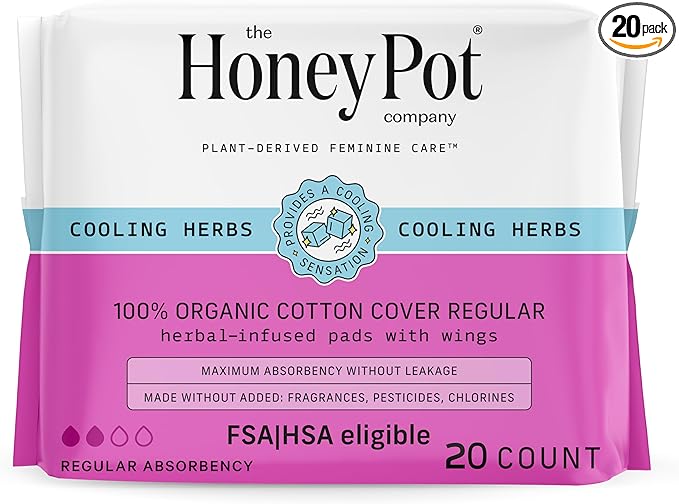 The Honey Pot Company - Herbal Sanitary Pads for Women - Regular Flow w/Wings - Infused w/Essential Oils for Cooling Effect & Organic Cotton Cover - Feminine Care - FSA & HSA - 20 ct