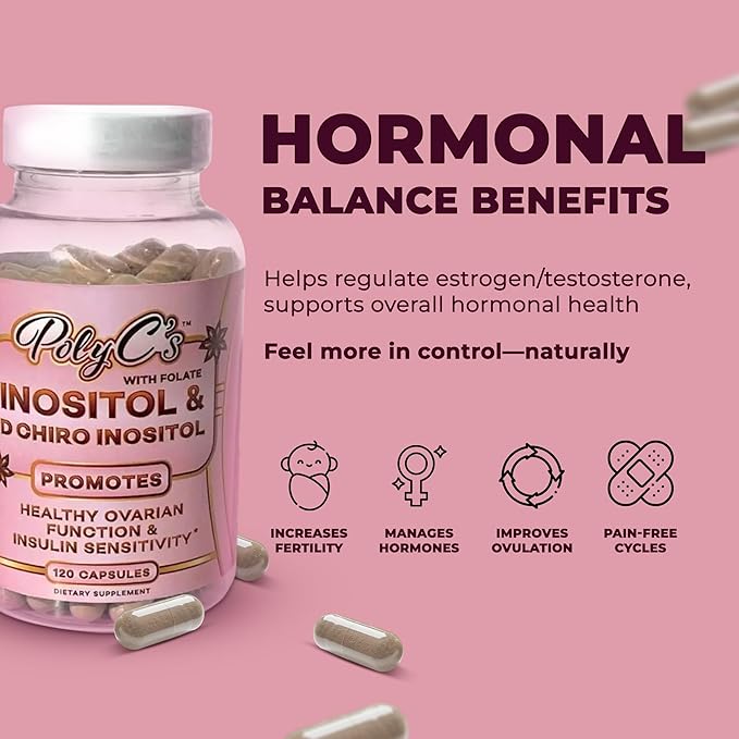 PolyC's Myo-Inositol & D-Chiro Inositol PCOS Supplement for Women 120 Capsules – Hormonal Imbalance, Fertility & Reproductive Wellness – Ovarian Hormone Stability, Menstrual Cycle Health with Folate