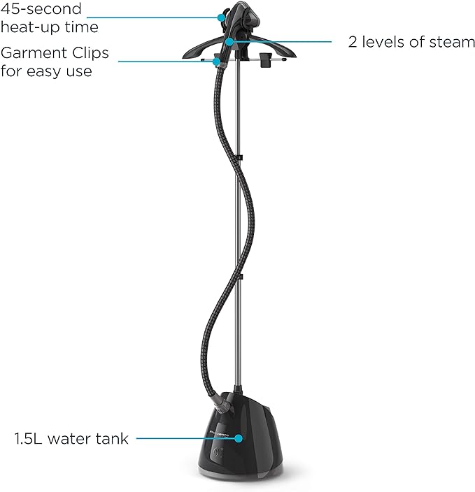 Rowenta, Steamer for Clothes, Pro Style Full Size Steamer with 45 second heat-up & Removable 50 oz Water Tank, 1500 Watts, Included Clips to Hang Clothes, Ironing, Black Clothes Steamer, IS2461
