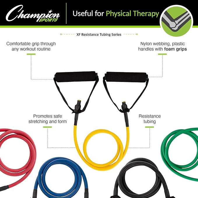 Champion Sports Resistance Tube Bands for Men and Women, Extra Light to Super Heavy Resistance - Durable Fitness Band for Strength Training, Stretching, Rehabilitation - Premium Home Workout Equipment