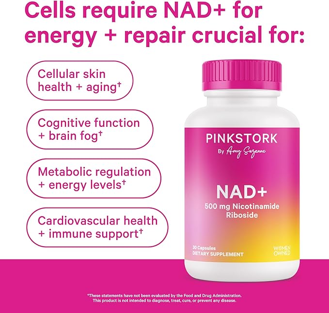 Pink Stork NAD+ Supplement for Women | 500mg Nicotinamide Riboside NR | Clinically-Studied Pure NMN Powder | Brain + Cognitive Support |Energy, Skin Essentials Over 30 | 1 Month Supply