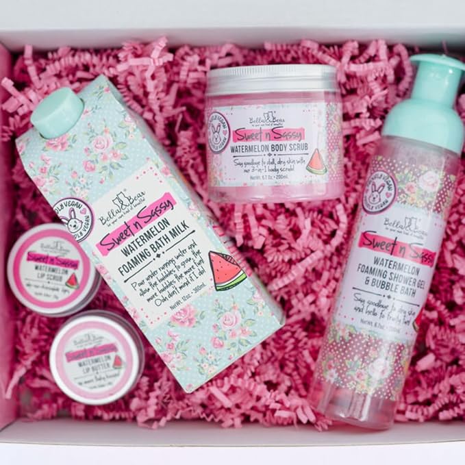 Bella & Bear Sweet 'n' Sassy Watermelon Mega Bath & Body Gift Set with Foaming Shower Gel & Bubble Bath, Bath Milk, Body Scrub & Lip Scrub and Lip Butter