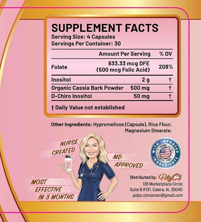 PolyC's Myo-Inositol & D-Chiro Inositol PCOS Supplement for Women 120 Capsules – Hormonal Imbalance, Fertility & Reproductive Wellness – Ovarian Hormone Stability, Menstrual Cycle Health with Folate