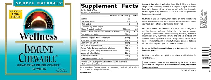 "Source Naturals Wellness Immune Chewable, Great-Tasting Defense Complex*, 120 Wafers"