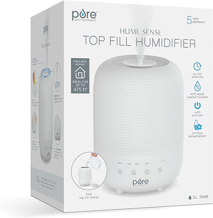 Pure Enrichment HUME Sense Top Fill Humidifier -Auto Mode Humidity Sensor, 3 Mist Settings, Patented Magnetic Suspension, Optional Night Light, Optional Aromatherapy, Sleep Mode & Auto Shut-Off
