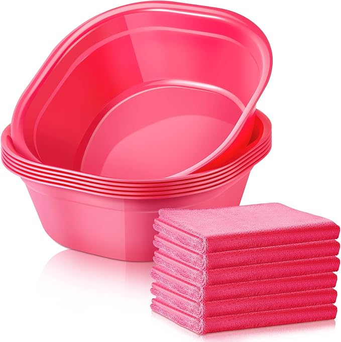 Patelai 6 Sets Kids Foot Spa Kit for Girl 12 x 12 x 4.3 Inch Foot Soaking Tub 14 x 30 Inch Hand Towels Washbasin Towels for Spa Party Sleepover Party Supplies(Rose Red)