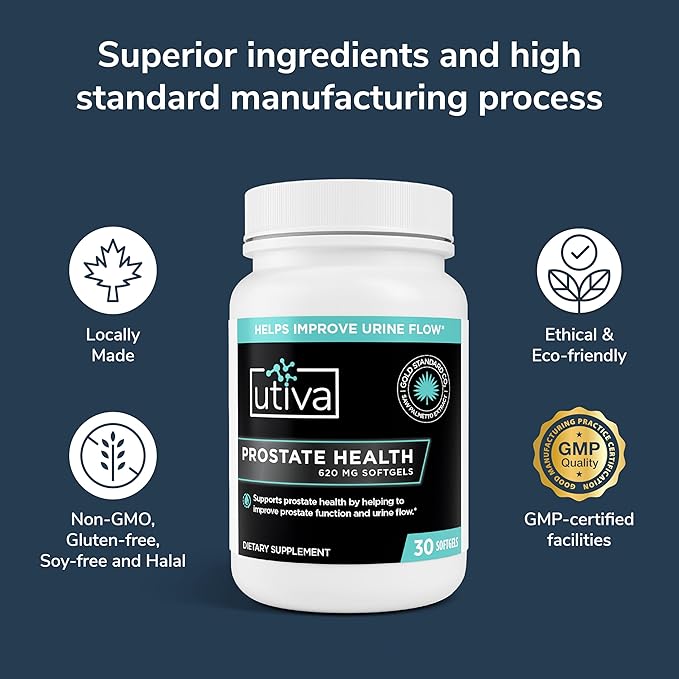 Utiva Prostate Health - Natural Formula for Healthy Function and Urine Flow - Prostate Supplement for Men - Beta-Sitosterol and Saw Palmetto for Men - 30 Softgels