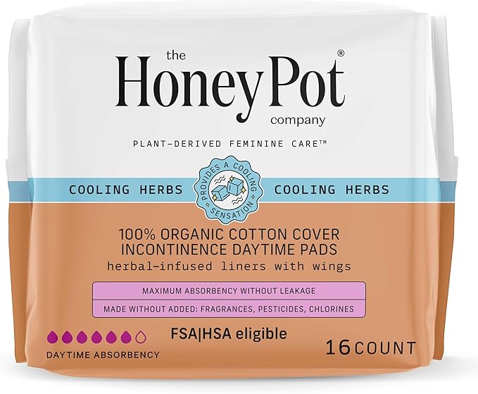 The Honey Pot Company - Herbal Pads for Women - Organic Incontinence Daytime w/Wings. Infused w/Essential Oils for Cooling Effect & Postpartum Essentials - Feminine Care - FSA & HSA - 16ct.