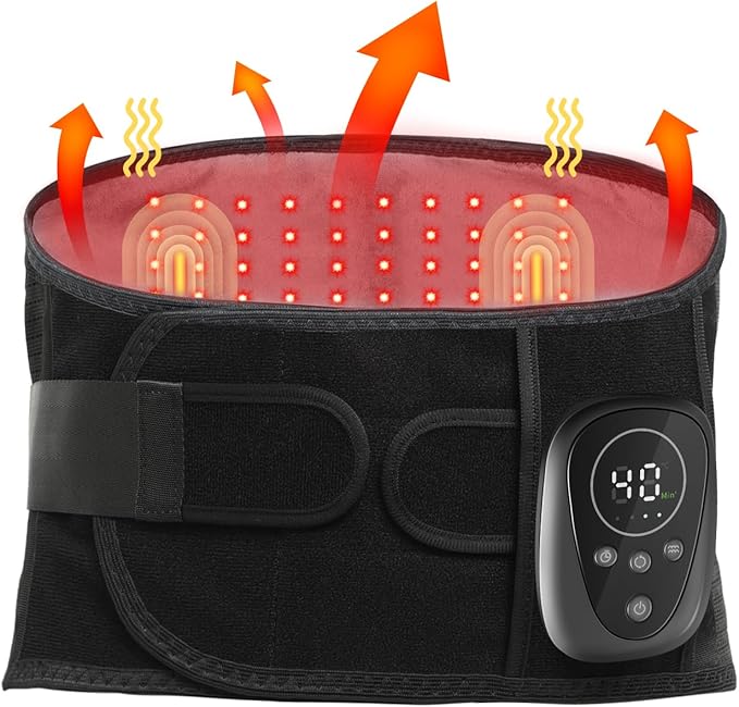 Lower Back Massager Belt with Heat and Red Light Therapy, Cordless Heating Pad for Back, Rechargeable 5000 mAh Battery, Heated Back Brace Warmer Belt for Back Pain Relief and Relaxation