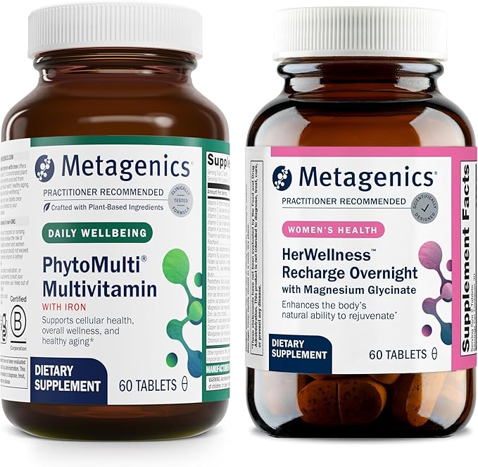 Metagenics PhytoMulti Multivitamin with Iron + HerWellness Recharge Overnight - Daily Multivitamins with Phytonutrients - Multivitamin for Men & Women - PhytoMulti Vitamin Supplement - With Iron, Zinc