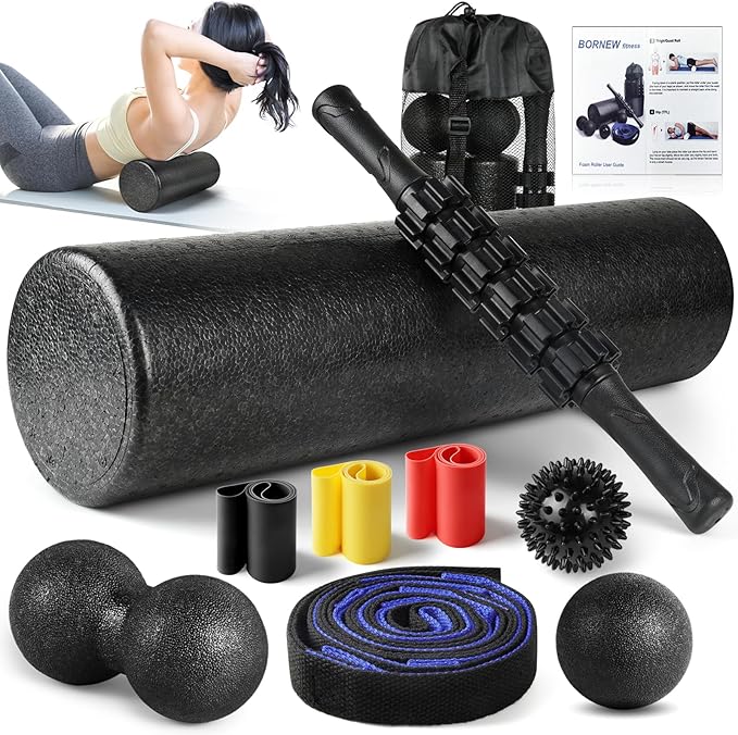 7 in1 Foam Roller Set for Deep Tissue Muscle Massage - High Density Back Roller, Muscle Roller Stick, Resistance Bands, Foot Massage Ball, Stretching Strap for Exercise, Whole Body Physical Therapy