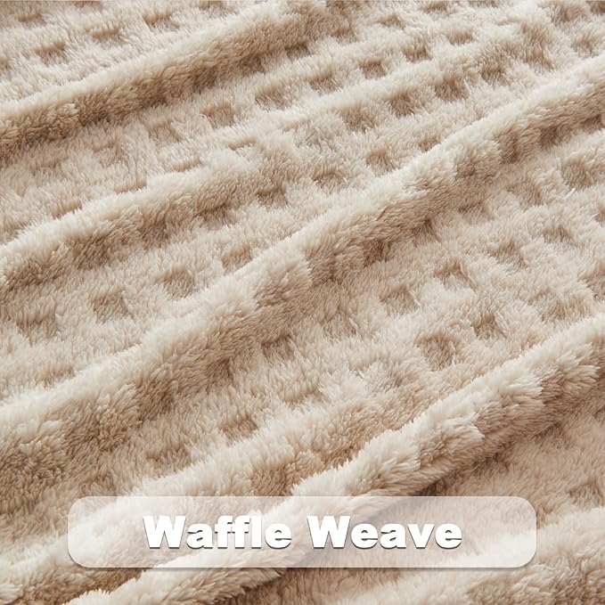 NEWCOSPLAY Super Soft King Blanket Linen Premium Silky Flannel Fleece 3D Waffle Checkered Lightweight Bed Blanket All Season Use (Linen, King(90"x110"))