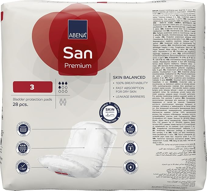 Abena San Premium Incontinence Pads, Light Absorbency, (Sizes 1 to 3A), Size 3, 28 Count