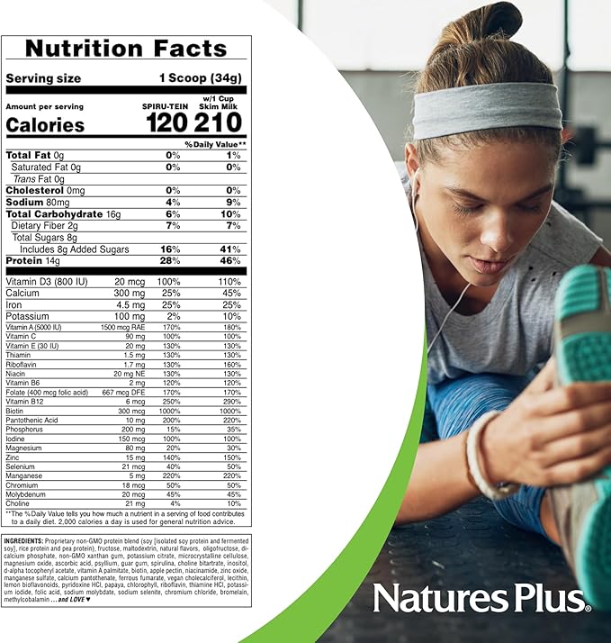 NaturesPlus SPIRU-TEIN, Banana - 8 Total Packets - Plant-Based Protein Shake - Non-GMO, Vegetarian, Gluten Free - 8 Total Servings