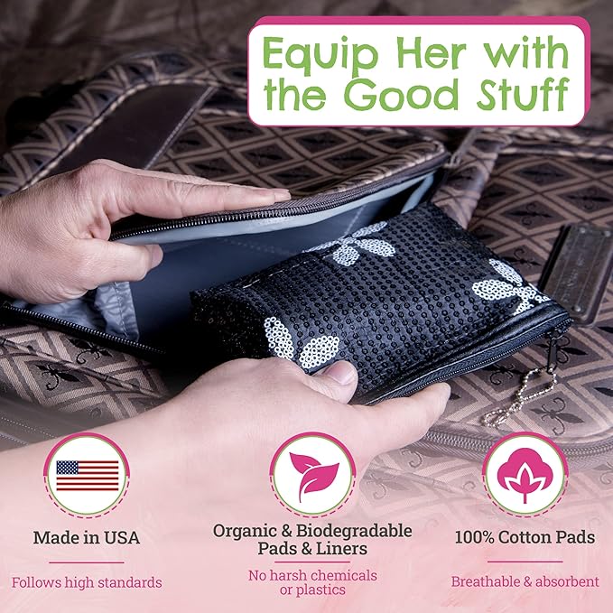 First Period Kit To-go! - Organic Biodegradable Tween Pads & Liner - Period Bags for Teen Girls for School - Period Pouch & Teen Pads for Girls Ages 11-14, Teen Pads for Periods - Pads for Teens Girls
