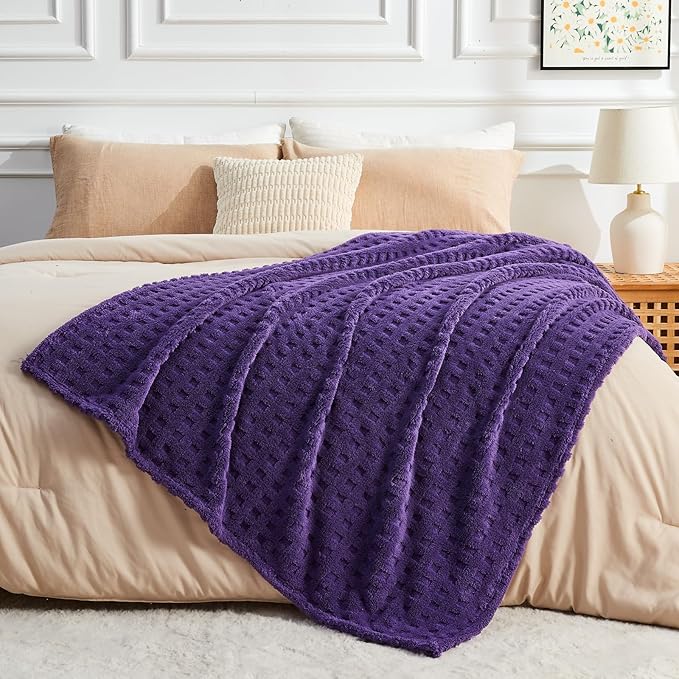 NEWCOSPLAY Super Soft Twin Blanket Purple Premium Silky Flannel Fleece 3D Waffle Checkered Lightweight Bed Blanket All Season Use (Dark Purple, Twin(60"x80"))