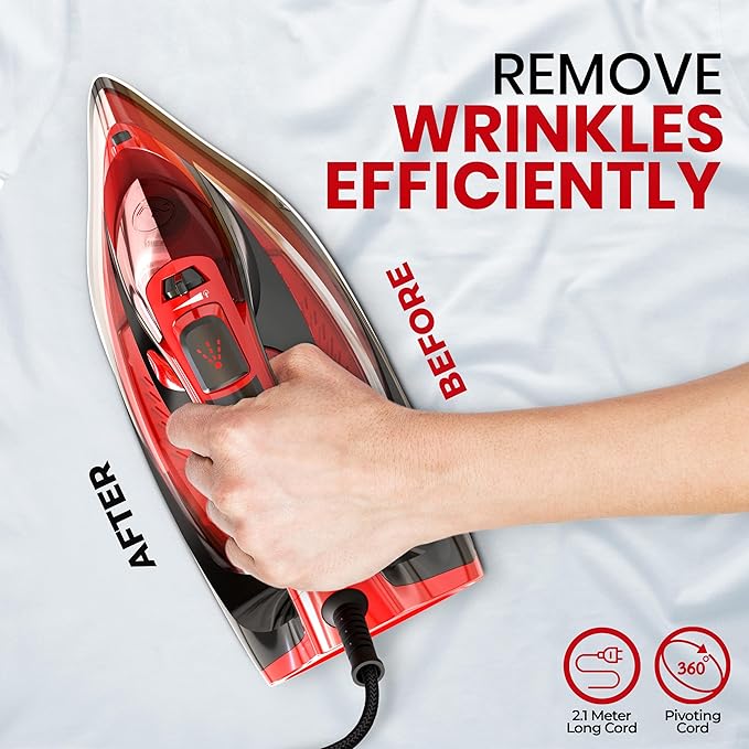 Utopia Home Steam Iron for Clothes - Non-Stick Soleplate - 1800W Clothes Iron With Auto-Off Safety Feature - Adjustable Thermostat Control, Variable Steam Control, Self-Clean, 8 Feet Cord (Black/Red)