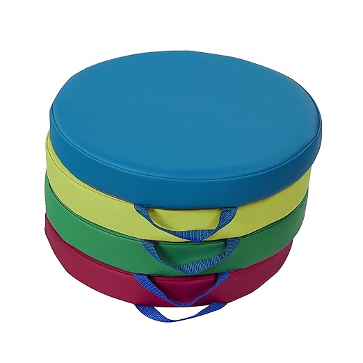 Factory Direct Partners SoftScape 15 inch Round Classroom Floor Cushions with Handles; Flexible Seating for Daycare, Preschool, Playroom; 2 inch Thick Deluxe Foam (4-Piece)- Lime/Raspberry, 12223-LMRS
