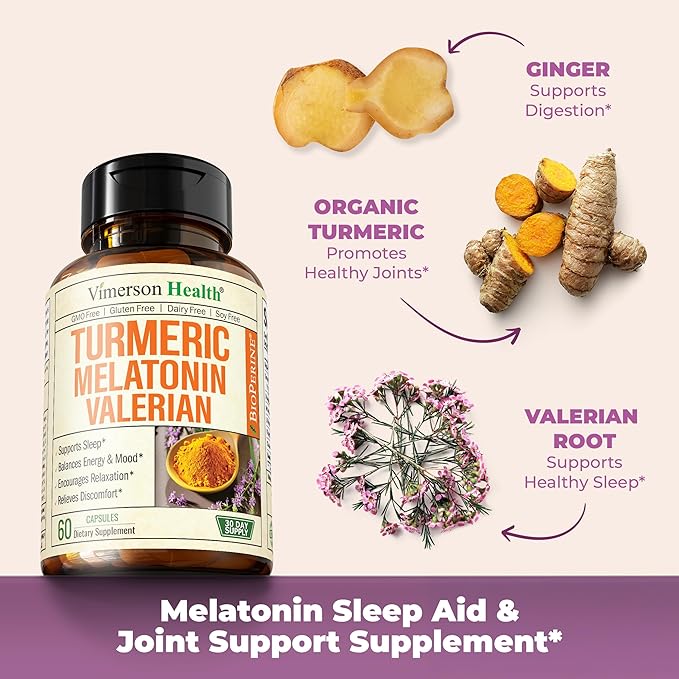 Turmeric Supplement - Turmeric Curcumin with Black Pepper, Melatonin 3mg & Valerian. Natural Sleep Aid for Adults with L-Theanine, Ginger, Valerian Root Capsules. Aids Relaxation and Mood. 2 Pack