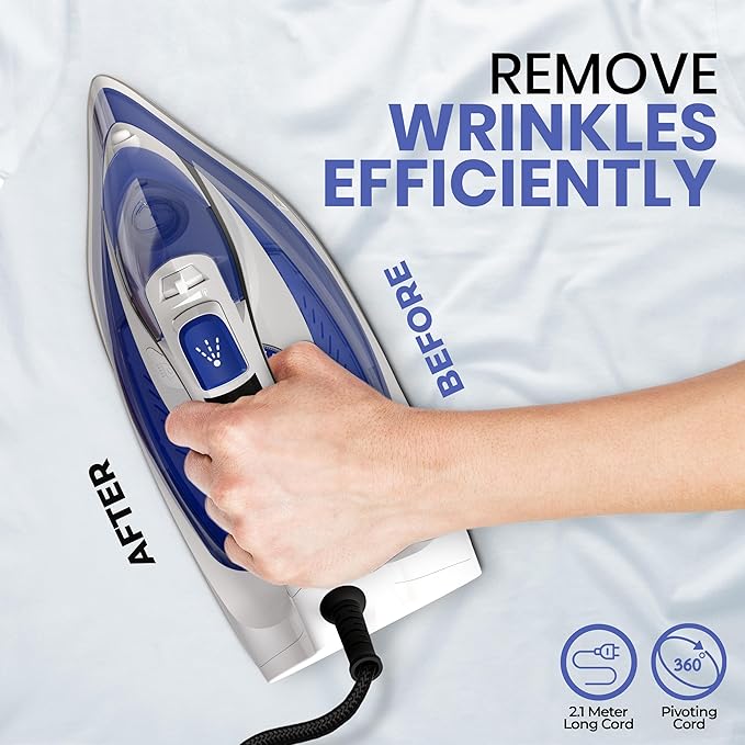 Utopia Home Steam Iron for Clothes - Non-Stick Soleplate - 1800W Clothes Iron With Auto-Off Safety Feature - Adjustable Thermostat Control, Variable Steam Control, Self-Clean, 8 Feet Cord (White/Blue)