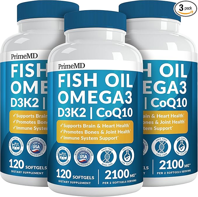 5-in-1 Fish Oil Omega 3 Fatty Supplements (2100mg) - Omega 3 Fish Oil with Vitamins D3 K2 and CoQ10 - Lemon Flavored (120 softgels, Pack of 3)