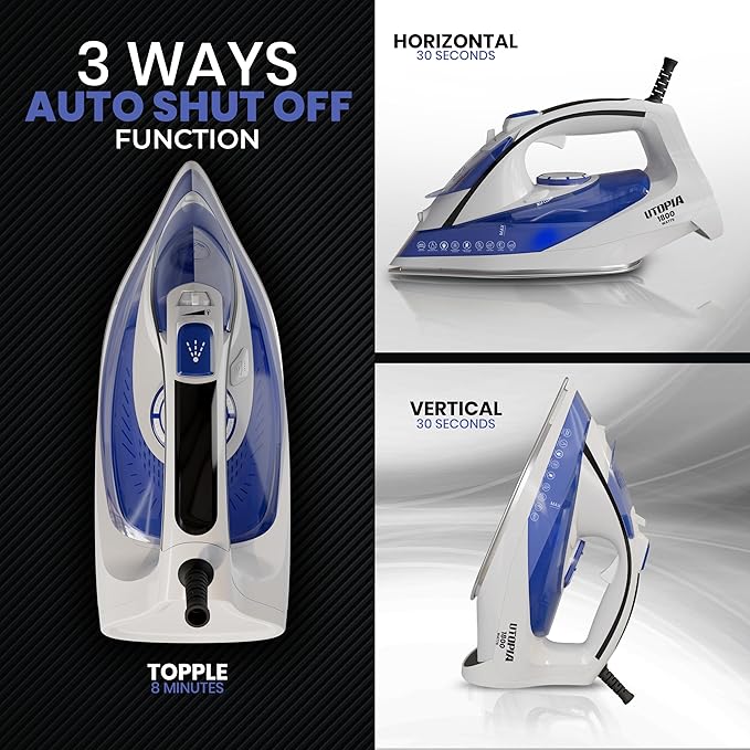 Utopia Home Steam Iron for Clothes - Non-Stick Soleplate - 1800W Clothes Iron With Auto-Off Safety Feature - Adjustable Thermostat Control, Variable Steam Control, Self-Clean, 8 Feet Cord (White/Blue)