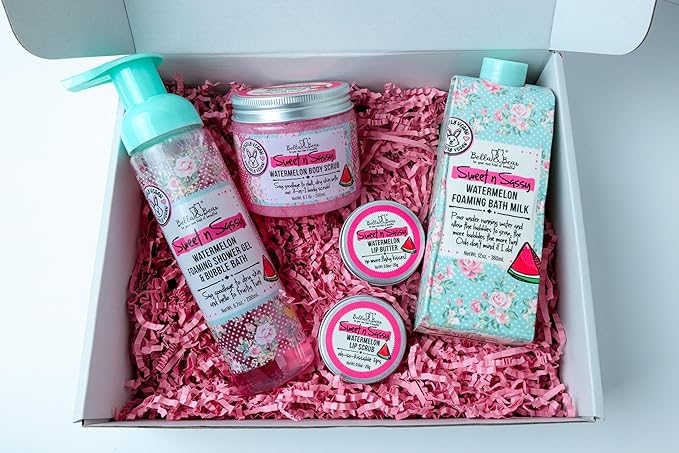 Bella & Bear Sweet 'n' Sassy Watermelon Mega Bath & Body Gift Set with Foaming Shower Gel & Bubble Bath, Bath Milk, Body Scrub & Lip Scrub and Lip Butter