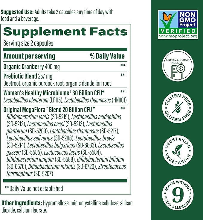 MegaFood MegaFlora Probiotics for Women + Prebiotics and Probiotics with 14 Strains & 50 Billion CFUs, with Cranberry for Women Digestive Health, Vegetarian - 60 Capsules (30 Servings)
