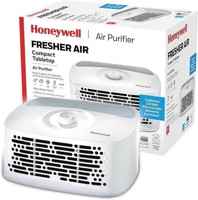 Honeywell Air Purifiers for Home Bedroom, Living Room, Kitchen & Dorm Room (100 sq ft), Dual Action Air Filter Helps Capture Dust, Pollen, Pet Dander & Smoke, HHT270, Tabletop, White