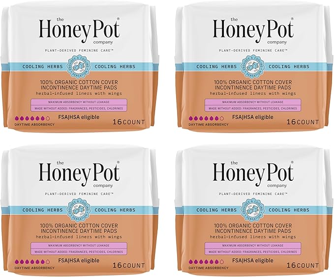 The Honey Pot Company - 64ct - Herbal Pads for Women - Organic Incontinence Daytime w/Wings. Infused w/Essential Oils for Cooling Effect & Postpartum Essentials - Feminine Care - FSA & HSA