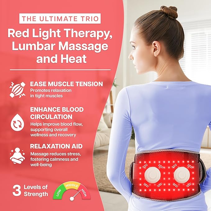 Cordless Back Massager with Heating Pad and Red Light Therapy Belt for Back Pain Relief - 3 Temperature Settings and Soothing Massage for Comfort and Recovery - FSA HSA Eligible