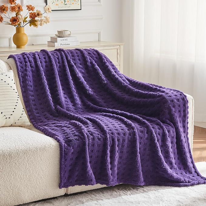 NEWCOSPLAY Super Soft Twin Blanket Purple Premium Silky Flannel Fleece 3D Waffle Checkered Lightweight Bed Blanket All Season Use (Dark Purple, Twin(60"x80"))
