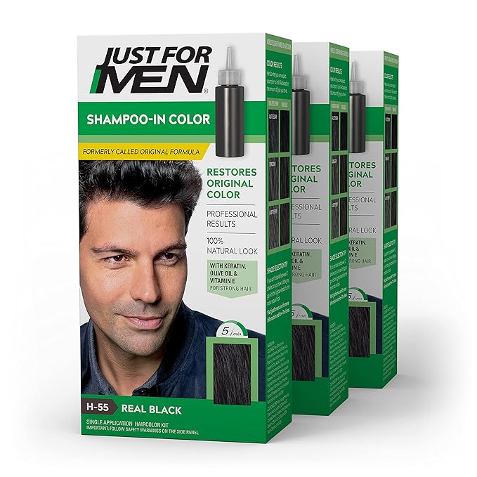 Just For Men Shampoo-In Color (Formerly Original Formula) & Shampoo-In Color (Formerly Original Formula), Mens Hair Color with Keratin and Vitamin E for Stronger Hair - Dark Brown, H-45, Pack of 3