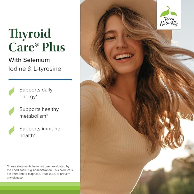 Terry Naturally Thyroid Care Plus - Supplement to Aid Thyroid - Dietary Supplement for Energy & Healthy Hair Support - Supplement with L-Tyrosine & Selenium - 120 Capsules