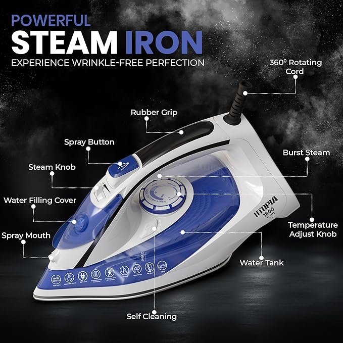 Utopia Home Steam Iron for Clothes - Non-Stick Soleplate - 1800W Clothes Iron With Auto-Off Safety Feature - Adjustable Thermostat Control, Variable Steam Control, Self-Clean, 8 Feet Cord (White/Blue)