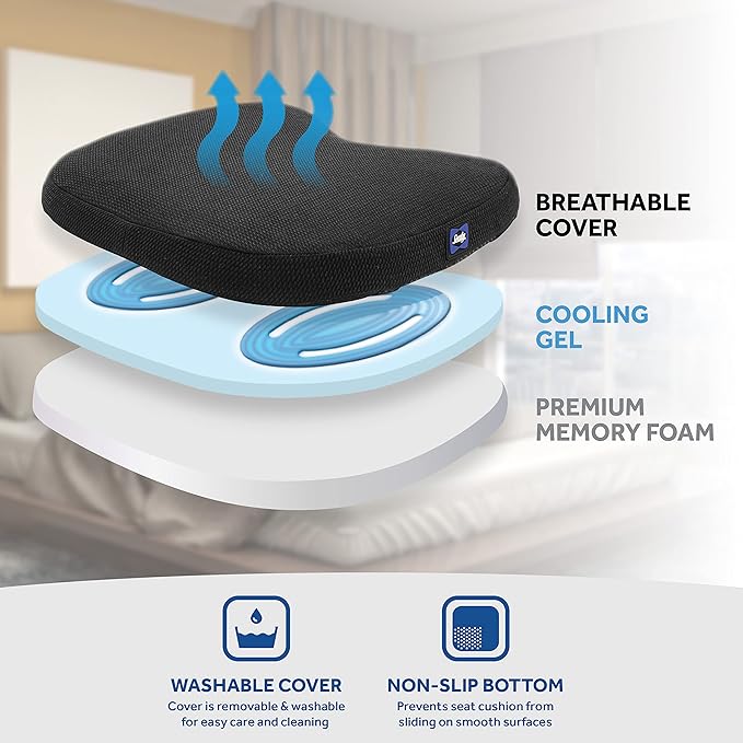 Sealy Memory Foam Car Seat Cushion – Gel Seat Cushions for Office Chairs, Tailbone Pain Relief Cushion, Cooling Pillow, Slim Fit Car Seat