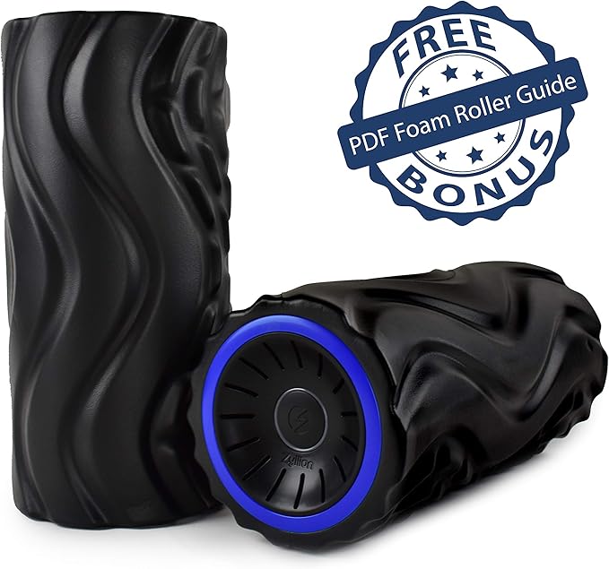 Zyllion Rechargeable Vibrating Foam Roller (FSA HSA Eligible) Cordless 4-Speed Deep Tissue Massager for Muscle Pain Relief, Inflammation, Plantar Fasciitis on Foot, Leg, Neck, Back (ZMA-22) Black/Blue