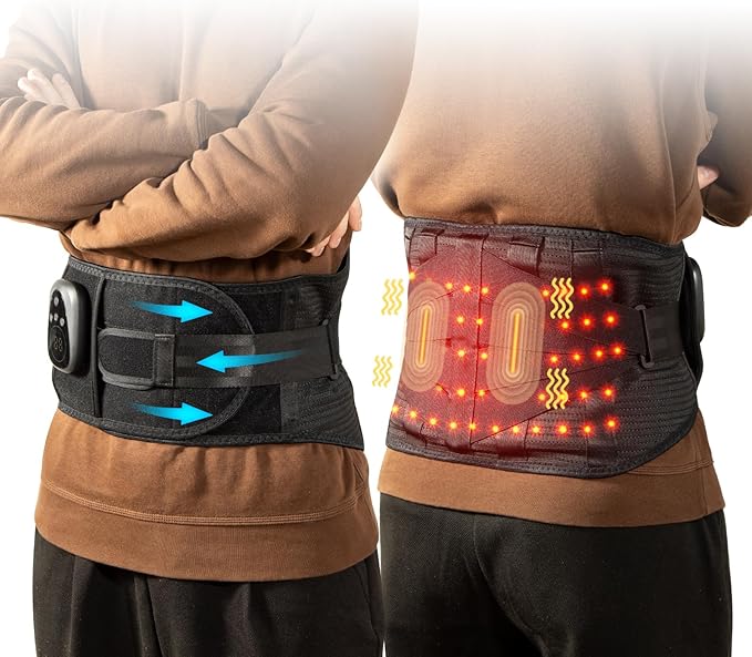 Lower Back Massager Belt with Heat and Red Light Therapy, Cordless Heating Pad for Back, Rechargeable 5000 mAh Battery, Heated Back Brace Warmer Belt for Back Pain Relief and Relaxation