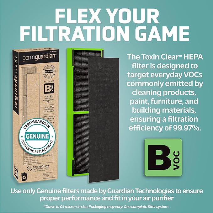 GermGuardian HEPA Air Purifier for Home, Large Room Air Purifiers with HEPA Filters & Filter B Toxin Clear HEPA Genuine Replacement Filter, Removes 99.97% of Pollutants