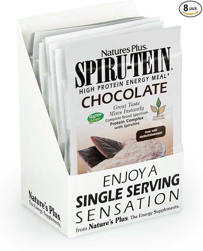 Natures Plus SPIRU-TEIN, Chocolate - 8 Total Packets - Plant-Based Protein Shake - Non-GMO, Vegetarian, Gluten Free - 8 Total Servings