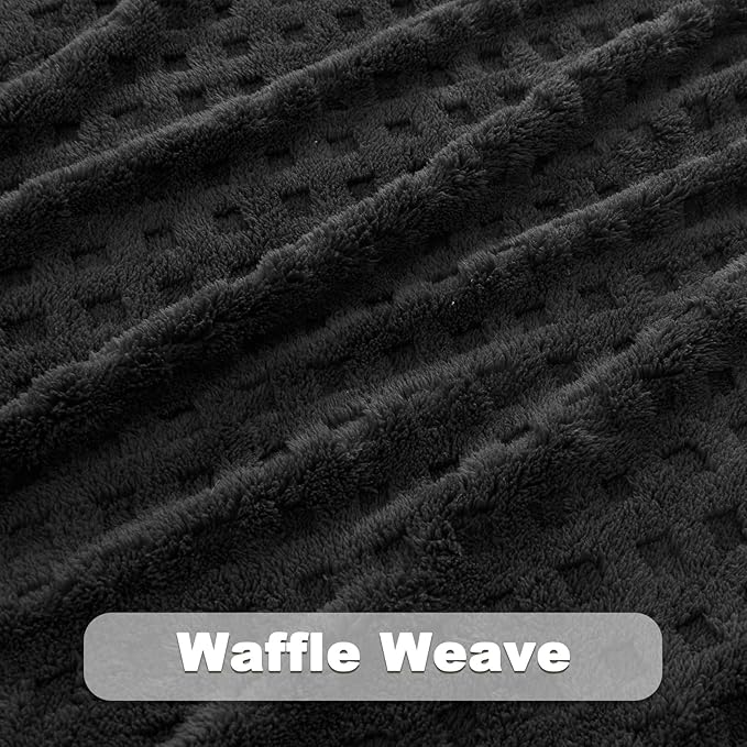 NEWCOSPLAY Super Soft King Blanket Black Premium Silky Flannel Fleece 3D Waffle Checkered Lightweight Bed Blanket All Season Use (Black, King(90"x110"))