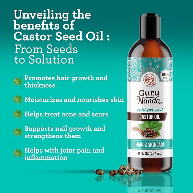 GuruNanda Castor Oil for Hair Growth (8 Fl oz) & Vitamin E Oil for Skin Nourishment (2 Fl oz) Bundle