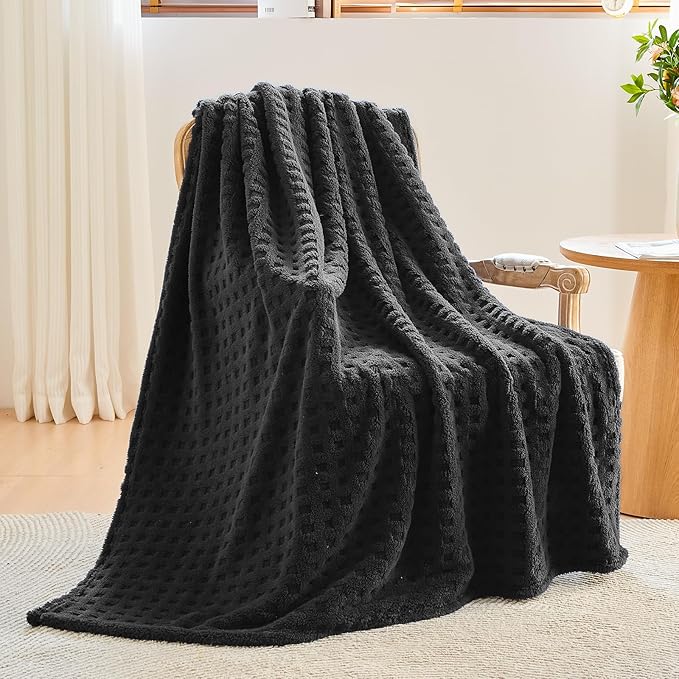 NEWCOSPLAY Super Soft King Blanket Black Premium Silky Flannel Fleece 3D Waffle Checkered Lightweight Bed Blanket All Season Use (Black, King(90"x110"))